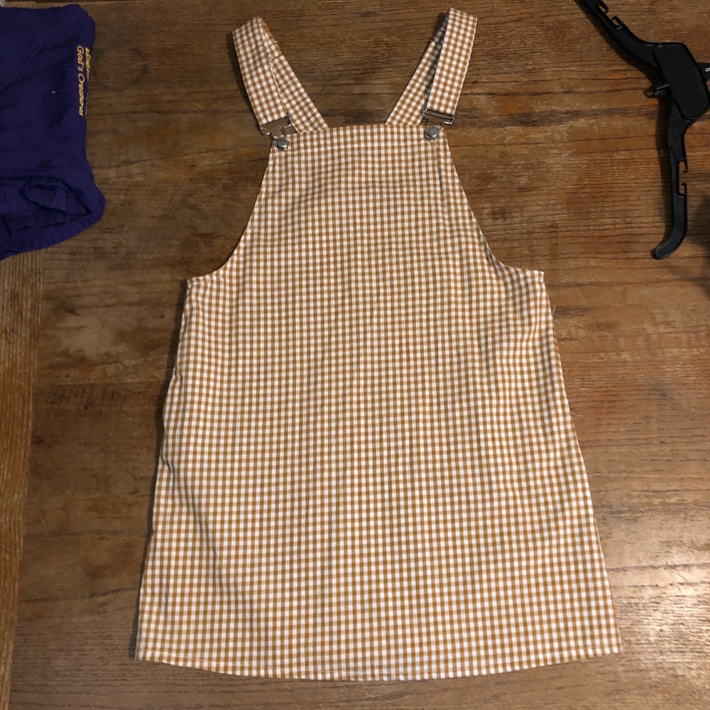 light brown and white overall dress